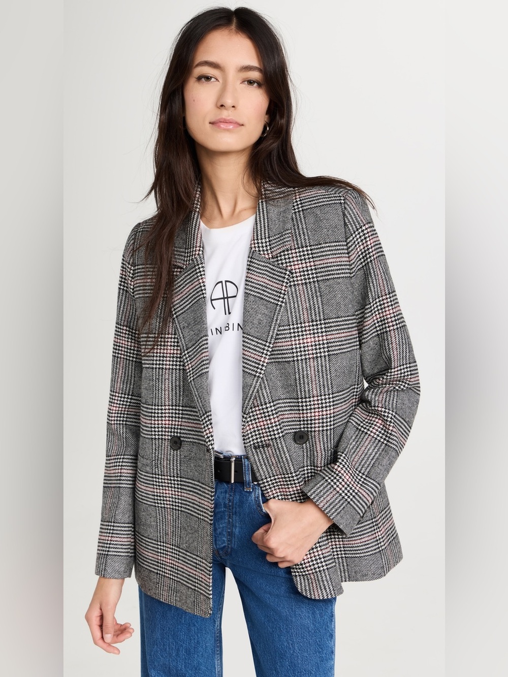 Urban Outfitters Gray Plaid Double-Breasted Blazer with Pink Accents
